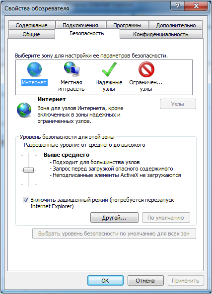 Настройки безопасности Internet Explorer
