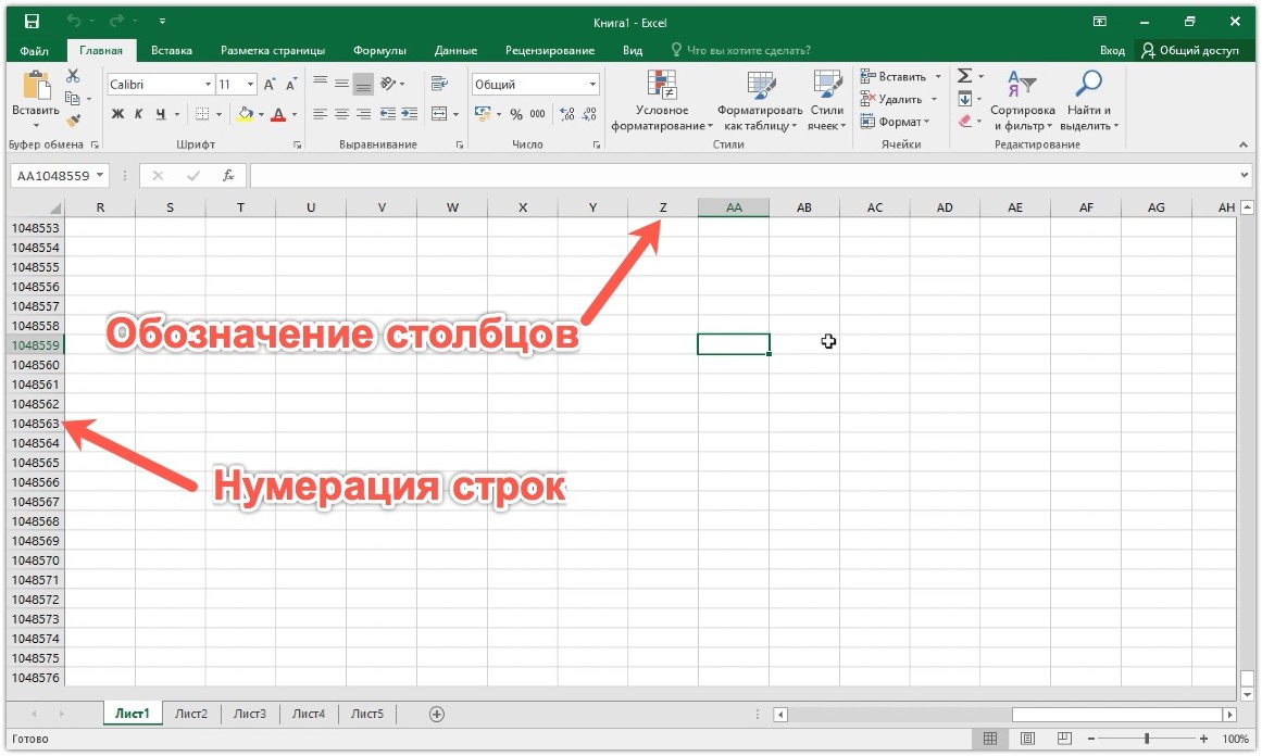 Нумерация строк и обозначение столбцов в таблице Эксель