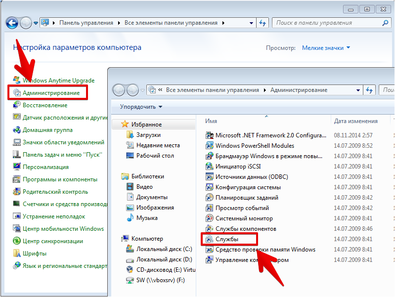 Панель управления. Службы Windows 