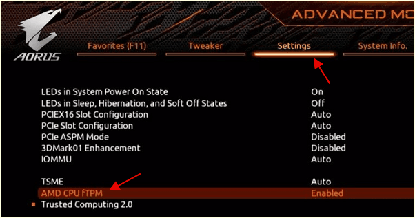 включение ftpm на GIGABYTE AORUS