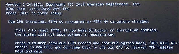 ошибка New CPU installed, fTPM NV corrupted