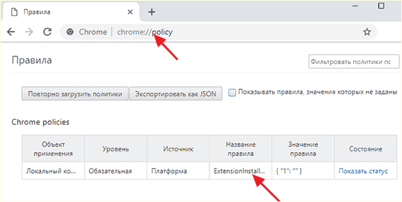 список правил, которые управляют google chrome