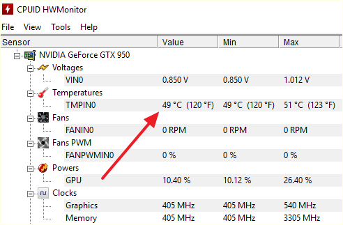 температура видеокарты в HWmonitor