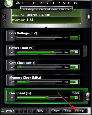 кнопка Settings