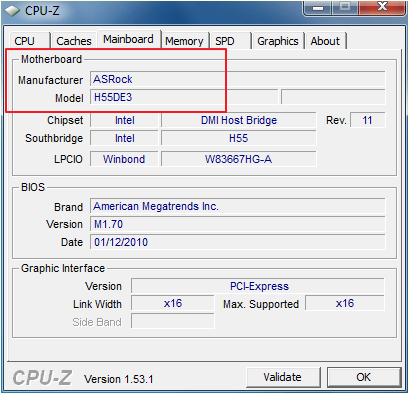 название модели платы в CPU-Z