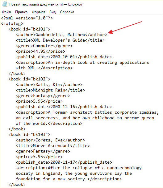 XML файл в Блокноте