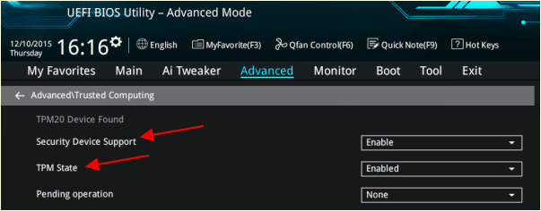функции Security Device Support и TPM State