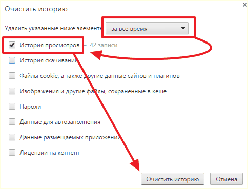 процесс очистки истории в Google Chrome
