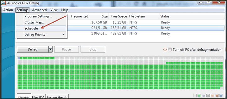 меню настройки в Auslogics Disk Defrag Free