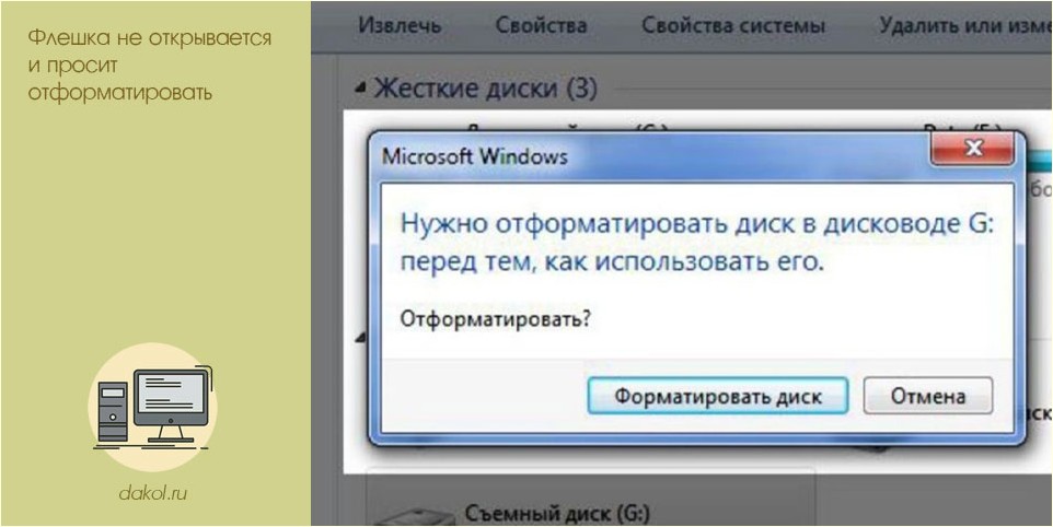 флешка, открывать, просить, отформатировать