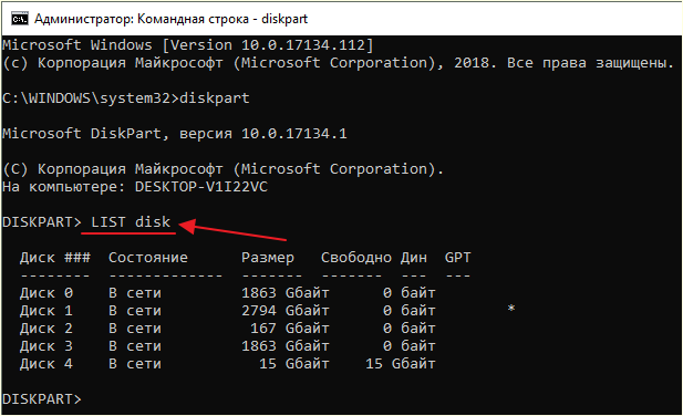 выполнение команды LIST disk