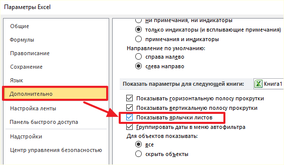 включение функции Показывать ярлычки листов