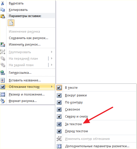 опция Обтекание текстом – За текстом