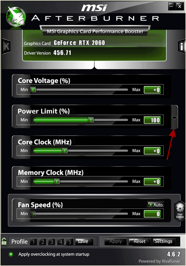 кнопка рядом с параметром Power Limit кнопка рядом с параметром Power Limit