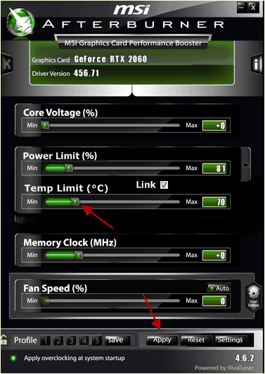 перемещаем ползунок Temp Limit перемещаем ползунок Temp Limit