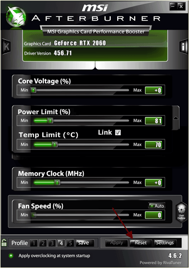 сбросить настройки видеокарты в MSI Afterburner сбросить настройки видеокарты в MSI Afterburner