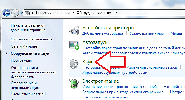 Звук в Панели управления