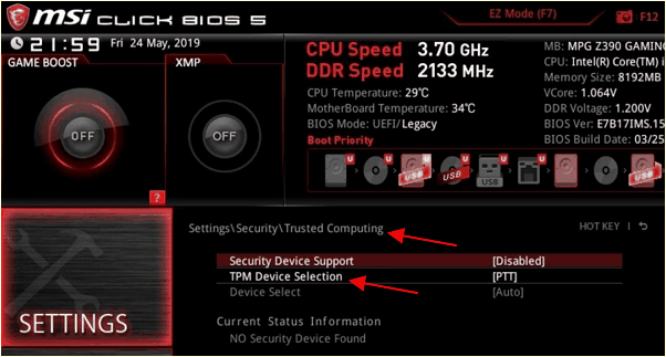 Settings – Security – Trusted Computing – TPM Device Selection – PTT