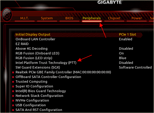 Peripherals – Intel Platform Trust Technology (PTT)