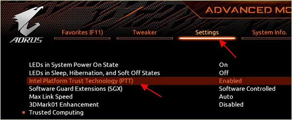 Settings – Intel Platform Trust Technology (PTT)