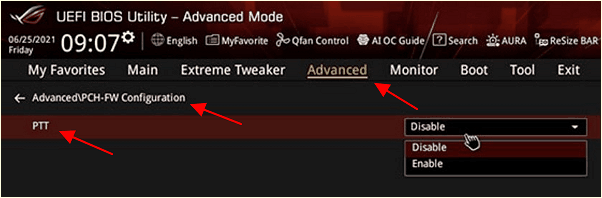 Advanced – PCH-FW Configuration – PTT