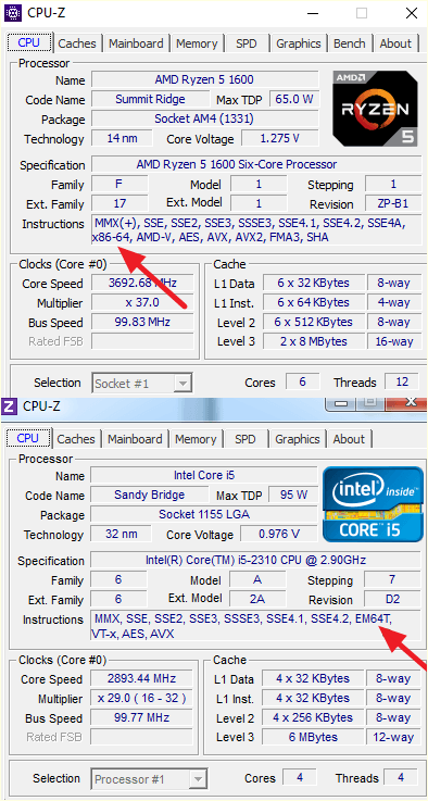 инструкции процессора в CPU-Z
