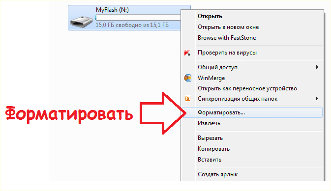 запуск форматирования флешки из контекстного меню