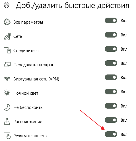 включение кнопки Режим планшета