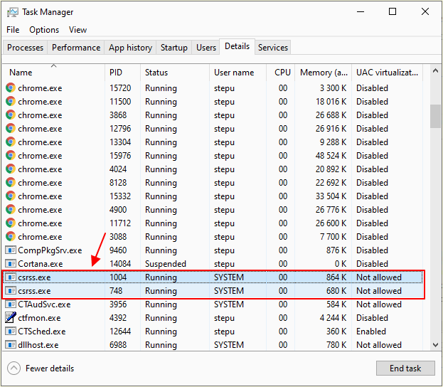 csrss.exe в Диспетчере задач