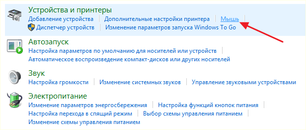 подраздел Мышь в блоке Устройства и принтеры