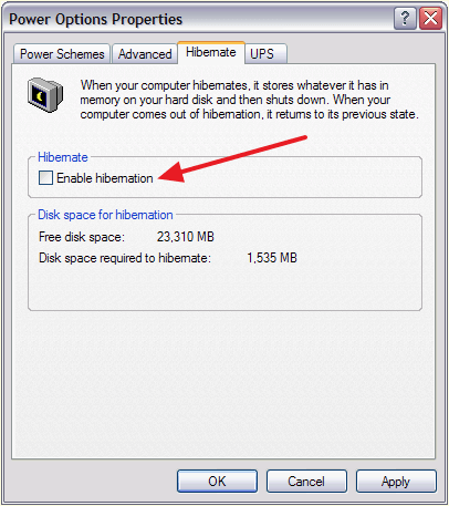 отключаем гибернацию в Windows XP