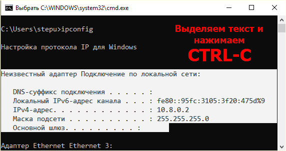 Копирование текста в командной строке Windows 11 и Windows 10