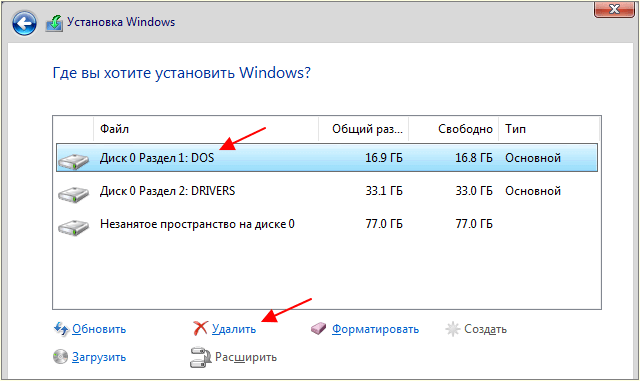 удаление разделов DOS